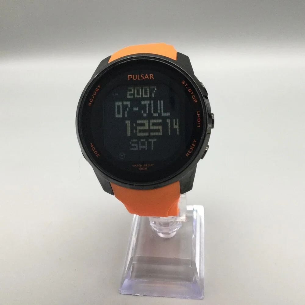 Pulsar W861-X006 Mens Watch 47mm Digital Black Orange Rubber New Battery